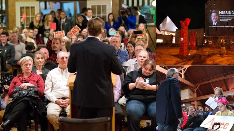 From L to R: Dave Brat, R-VA, answers questions; the face of Sen. Cory Gardner, R-Colo., displayed on the wall of the Denver Art Museum; Rep. David Young, R-Iowa talks to a constituent in Urbandale. Images via AP.